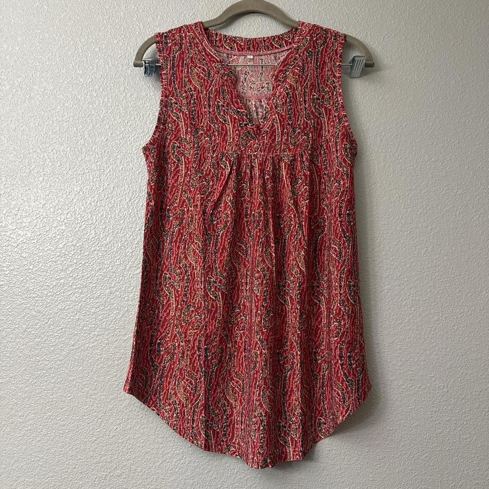 Women's Sleeveless V-Neck Tank Top Printed Pleated Loose Casual Blouse Shirt